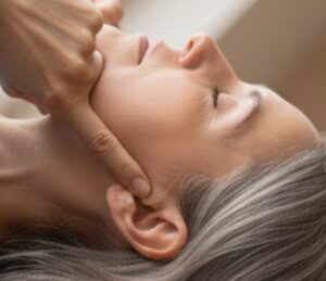 Zeigefinger am Kiefergelenk